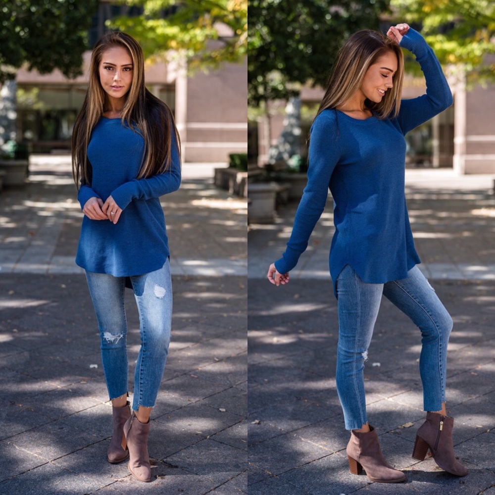 Blue Ribbed Knit Sweater